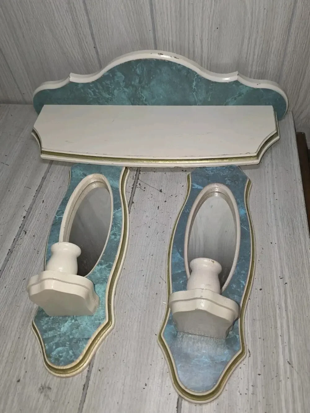 Vintage Mirrored Sconces & Shelf Marbled Green White Scalloped Heritage MCM